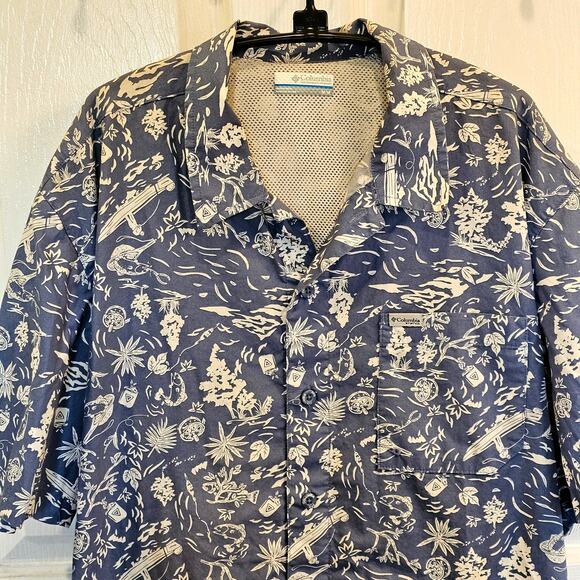 Columbia PFG Short Sleeve Fishing Shirt Vented Mesh Blue White Mens M - Picture 3 of 9